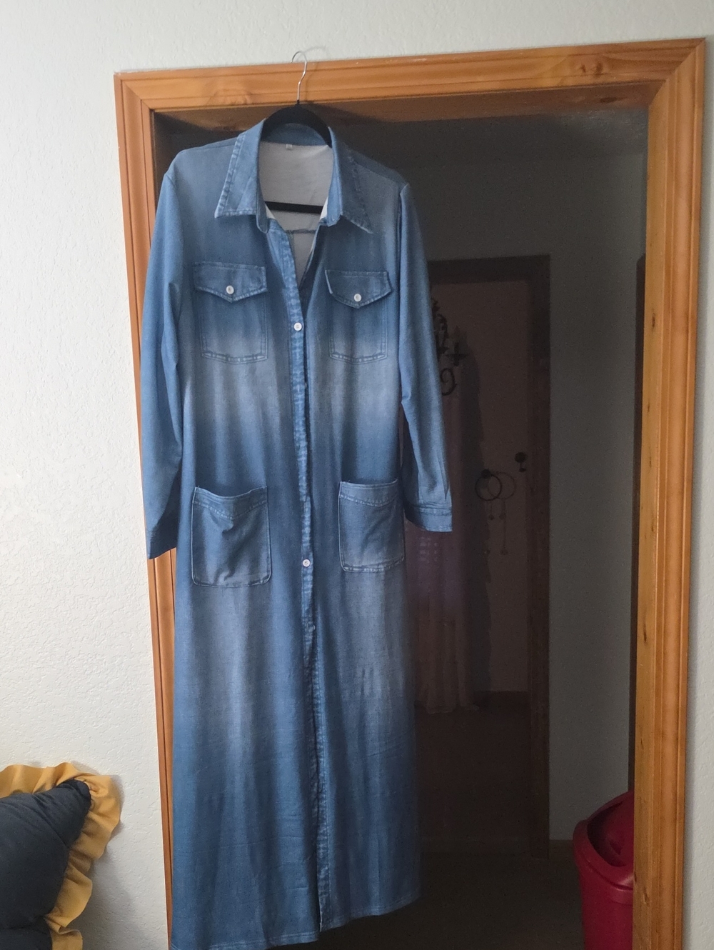 SHEIN Washed Blue Denim Maxi Shirt Dress with Patch Pockets